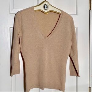 J Crew beige cashmere v- neck 3/4 sleeve sweater